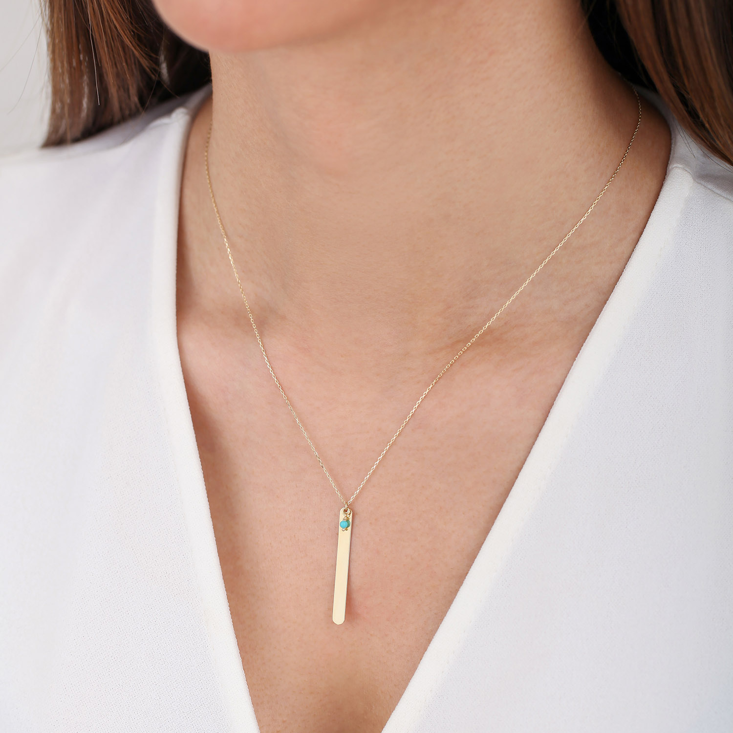 Firuze Taşlı Çubuk Plaka Kolye